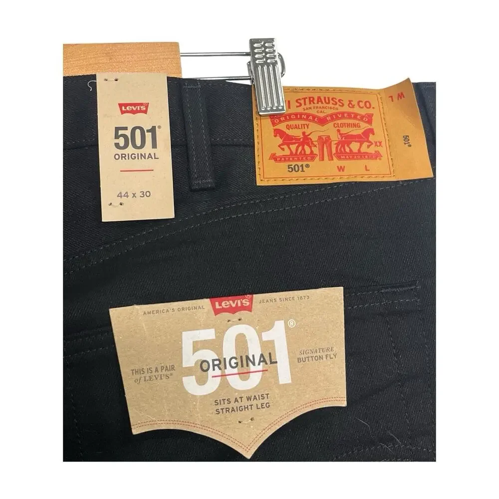 Levis 501 Original Jeans Mens 44x30 Black Straight Leg Button Fly Denim Classic